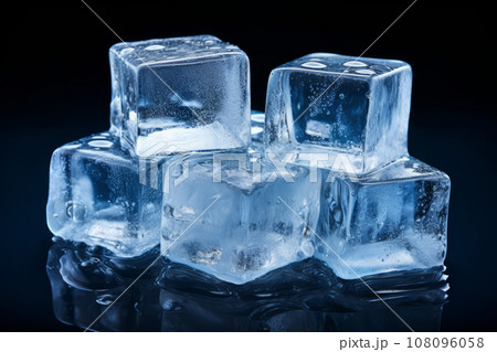 Crystal clear melted ice cubes with drops. Generative AI 108096058