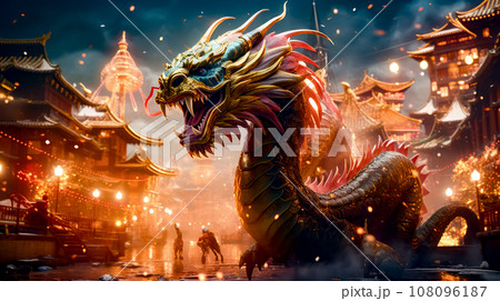 Dragon with its mouth open in front of city with tall buildings. Generative AI 108096187