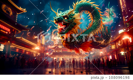 Dragon statue in front of crowd of people at chinese festival. Generative AI 108096198