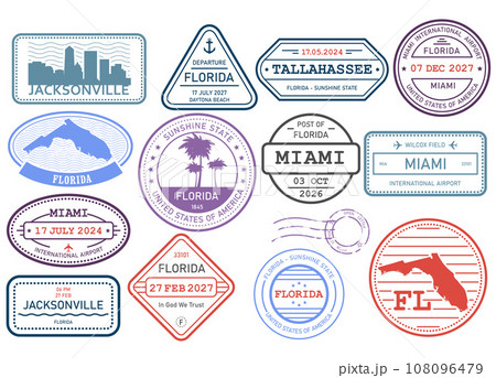 Florida stamps set, postage stamp with symbols of state and map outline, vector Florida stamps set, postage stamp with symbols of state and map outline, vector 108096479