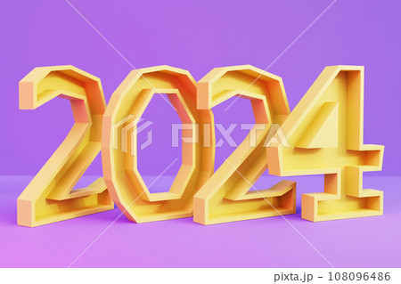 Yellow 3D Number 2024 on a violet background, symbol new year, 3d rendering 108096486