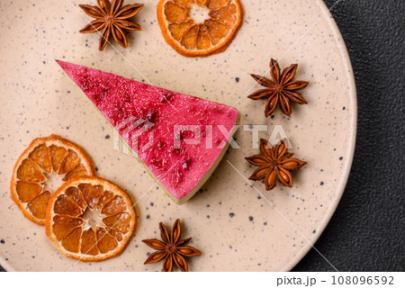Delicious sweet cheesecake cake with mascarpone cheese, raspberries and jam Delicious sweet cheesecake cake with mascarpone cheese, raspberries and jam 108096592