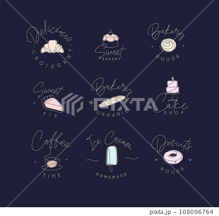 Linear bakery and dessert labels with lettering black 108096764