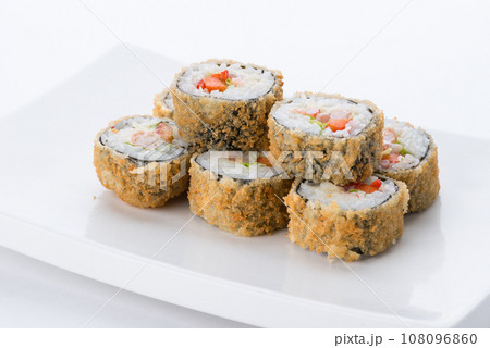 Japanese food restaurant, sushi maki gunkan roll plate or platter set. Sushi set and composition Japanese food restaurant, sushi maki gunkan roll plate or platter set. Sushi set and composition 108096860