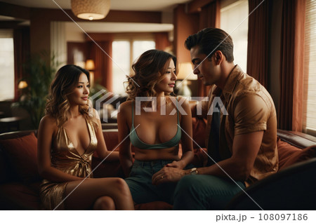 Three people having group fun and relaxing in a cozy living room on a luxury hotel. Generative Ai 108097186