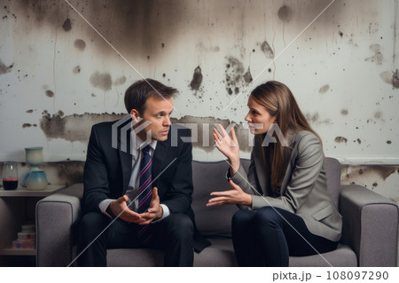 A homeowner discussing mold damage with an insurance adjuster, emphasizing coverage. Generative Ai 108097290