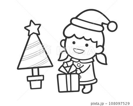 クリスマス:サンタ衣装の子どもとクリスマスツリー【モノクロ・線画・背景なし】 クリスマス:サンタ衣装の子どもとクリスマスツリー【モノクロ・線画・背景なし】 108097529