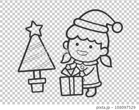 Christmas: Children in Santa costumes and Christmas tree [monochrome, line drawing, no background] 108097529