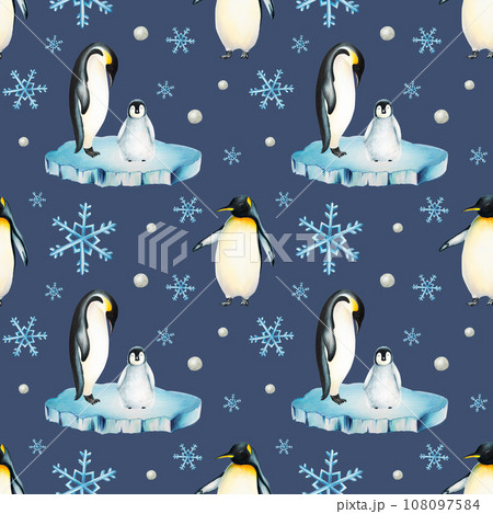 Watercolor seamless pattern with king penguin family on the floating ice isolated. Hand painting realistic Arctic and Antarctic ocean mammals. For designers, decoration, postcards, wrapping paper, 108097584