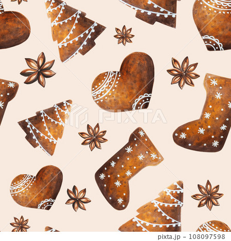 Watercolor Christmas seamless pattern with crispy gingerbread cookies with icing and anise. New year hand painting isolated on white background. For designers, food decoration, menu, shop, for Watercolor Christmas seamless pattern with crispy gingerbread cookies with icing and anise. New year hand painting isolated on white background. For designers, food decoration, menu, shop, for 108097598