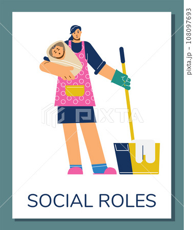 Social roles cartoon vector poster, housewife in apron with baby and mop in hands, gender stereotypes female home duties Social roles cartoon vector poster, housewife in apron with baby and mop in hands, gender stereotypes female home duties 108097693
