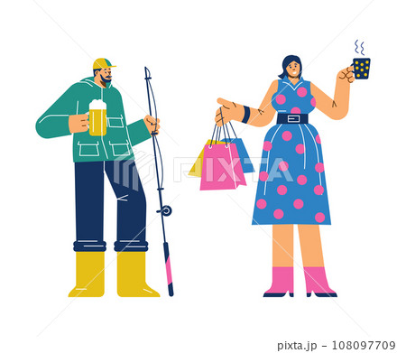 Women and men present stereotypical gender misconceptions, flat vector isolated. 108097709