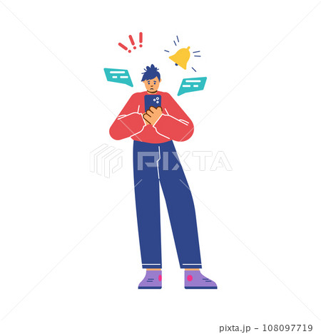 Man obsessed with social media and having FOMO disorder, flat vector isolated. Man obsessed with social media and having FOMO disorder, flat vector isolated. 108097719