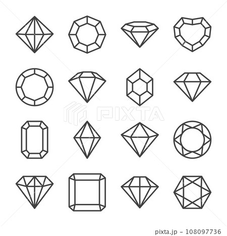 Vector Flat Simple Minimalistic Linear Black and White Gemstone Icons Set. Diamond, Crystal, Rhinestones Closeup Isolated. Jewerly Concept. Design Template of Gemstones, Gem Clipart. Top, Front View 108097736