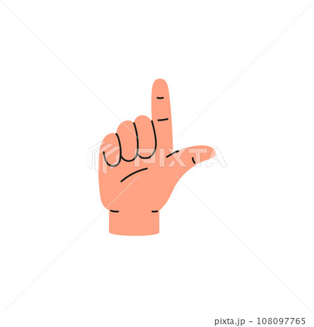 The drawing of a human hand, the L letter of the alphabet in sign language, vector hand language of deaf-mutes, ASL 108097765