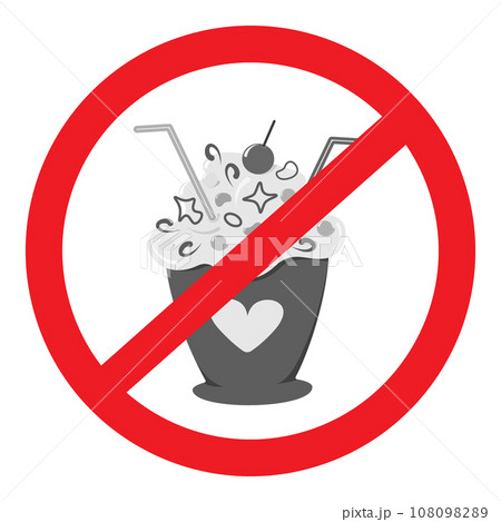 Dessert in a cup with a cocktail straw and decorations in grayscale under the ban. No junk food Dessert in a cup with a cocktail straw and decorations in grayscale under the ban. No junk food 108098289