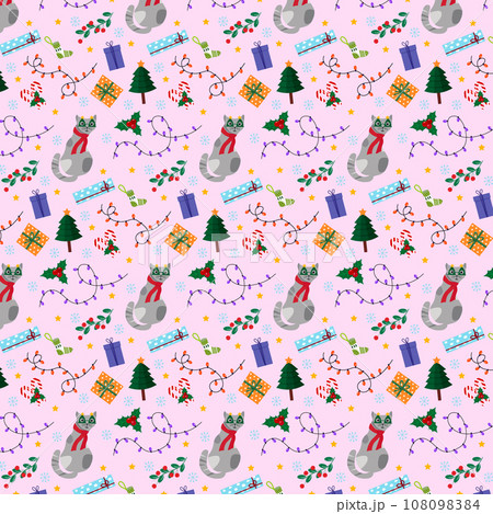 Pattern with a cat and Christmas elements - boxes with gifts, garlands with light bulbs, holly and Christmas tree. Vector.  108098384