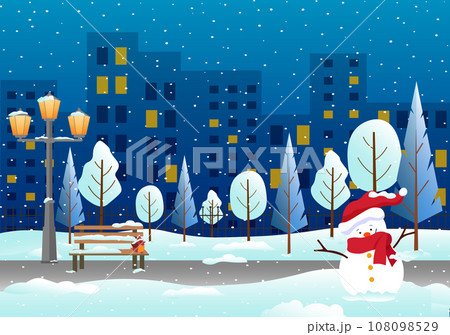 Winter in the city park. Snowman, bench and lantern, trees in the snow, high-rise buildings. Evening winter time. Winter in the city park. Snowman, bench and lantern, trees in the snow, high-rise buildings. Evening winter time. 108098529