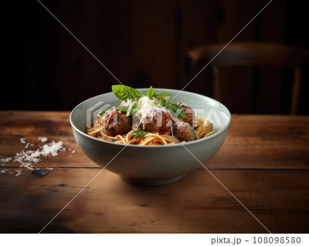 Spaghetti pasta with meatballs and tomato sauce on wooden table. Generative AI Spaghetti pasta with meatballs and tomato sauce on wooden table. Generative AI 108098580