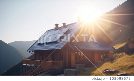 eco-friendly house with solar panels on the roof surrounded by green nature. Generative AI 108098675