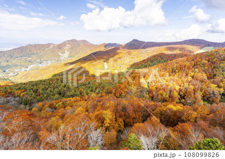 秋の山形蔵王　紅葉した蔵王連峰の風景　山形県山形市 108099826