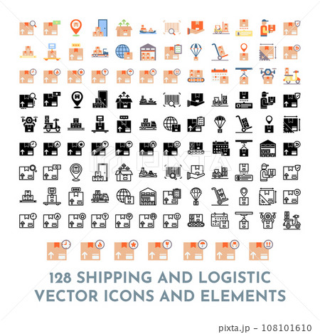 128 Vector Shipping Delivery and Logistic Elements and Icons Pack 108101610