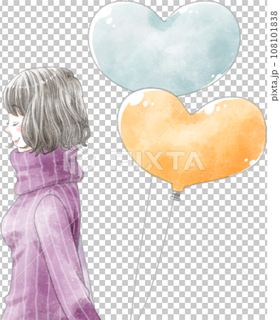 一位女士閉著眼睛、微笑著拿著心形氣球的側面影像 108101838