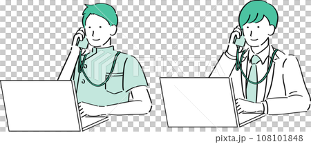 PCを操作しながら電話する男性医師と看護師 108101848