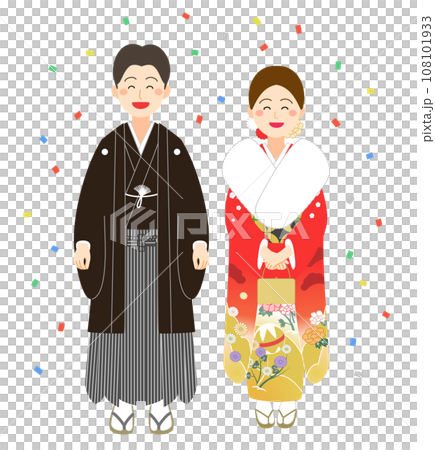 Smiling men and women wearing crested hakama and furisode among confetti 108101933