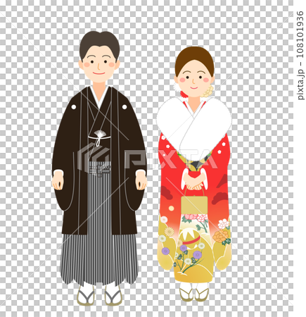 Men and women wearing crested hakama and furisode 108101936