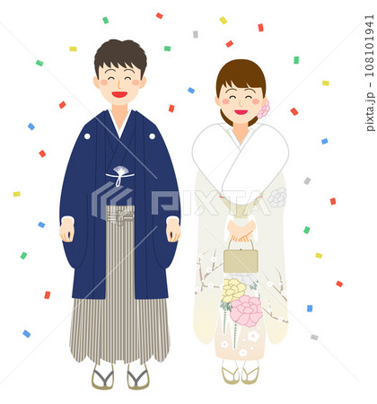 紙吹雪の中で紋付袴と振袖を着た笑顔の男女 108101941