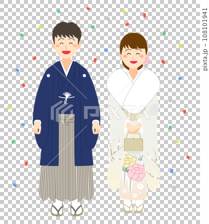 紙吹雪の中で紋付袴と振袖を着た笑顔の男女 108101941