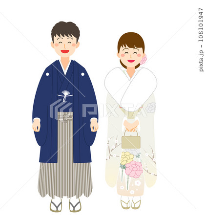 紋付袴と振袖を着た笑顔の男女 108101947