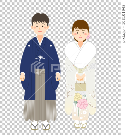 Men and women wearing crested hakama and furisode Men and women wearing crested hakama and furisode 108101948