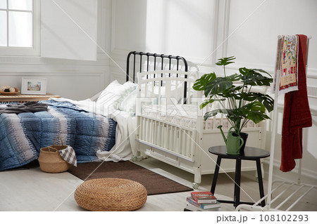 cozy bedroom with baby bed and lamp cozy bedroom with baby bed and lamp 108102293