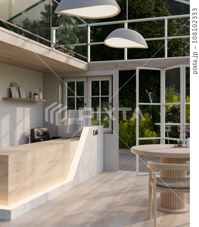 Interior design of a modern minimalist cafe entrance door area with a cashier counter and decor. 108102353