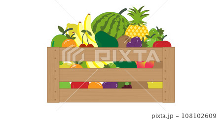 Wooden box filled with assorted fresh fruits on white background. 108102609