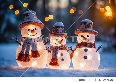 Snowman Family Spreads Christmas Cheer. Greeting card or poster. Generative AI. 108103430