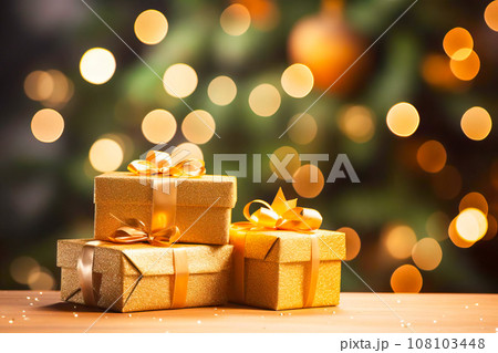 Radiant Golden Christmas Decorations and Bokeh Background. Generative AI. 108103448