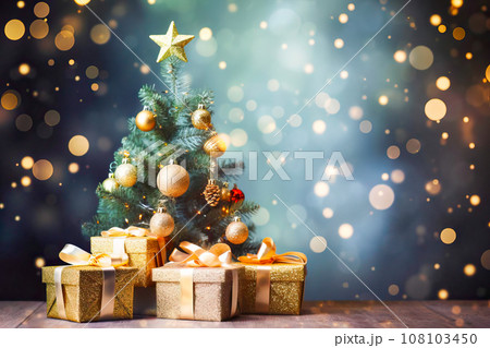 Decorated Tree, Gift Boxes, Star, and Copy Space. Generative AI. 108103450