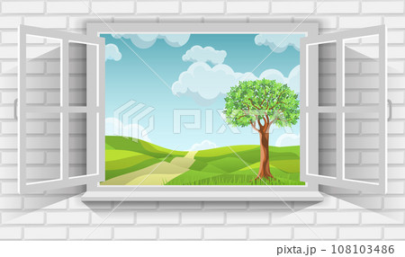 Vector illustration of beautiful scenery of green fields in countryside through view of open window Vector illustration of beautiful scenery of green fields in countryside through view of open window 108103486