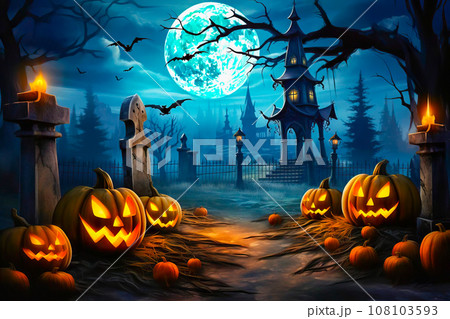 Sinister Pumpkin Display: Haunted Graveyard on a Moonlit Night. High-quality photo. Generative AI 108103593