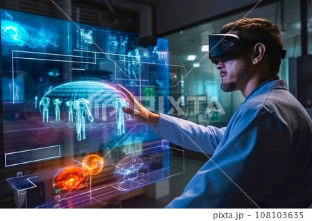 Disabled Man in Wheelchair, Scientist in VR Glasses, Analyzing Molecular Structures. Generative AI 108103635