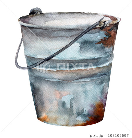 Watercolor illustration Rustic iron metal rust bucket. Hand drawn bucket 108103697