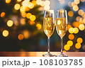 Blurred Fireworks: Champagne Glasses at New Year Party. Generative AI. 108103785