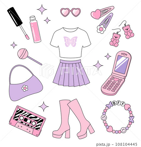 Y2K 90年代風の服やアクセサリーのイラストセット 108104445