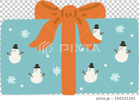 Christmas gift box with blue snowman and orange color ribbon hand drawn 108105205
