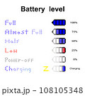 Battery level in pixel art. Illustration of battery level indicators. Battery life, battery accumulator, vector isolated on white background. 108105348