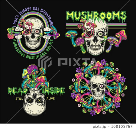Labels with human skull, fantasy mushrooms 108105767