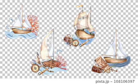 Watercolor set with sailing ship, yacht and ship in pastel colors. Hand painted compass, sea plants, fish isolated on white background. Childish design elements for boy. Adventure items hand drawn 108106397